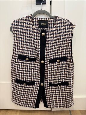 maje Navy, Cream & Brown Houndstooth Tweed Vest